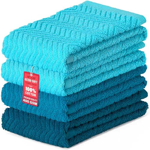 DecorRack 4er Set Geschirrtücher 100% Baumwolle, 38 x 64 cm Saugstarke Küchenhandtücher, Fusselfreie Trockentücher für die Küche, Premium Qualität 400 GSM Küchenhelfer Set (Ozean)