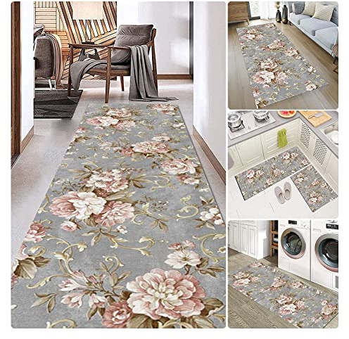 Siunwdiy 3D Blumenmuster Flur Teppich Modern Laufer Rutschfest Lang Waschbar, Outdoor für Wohnzimmer Pflegeleicht, Grau, 90x150cm