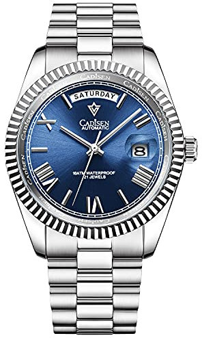 CADISEN Automatik Uhr Herren Mit Gangreserve Automatik Saphirglas Wasserdicht Edelstahlarmband (Blau)