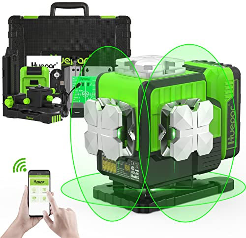 Huepar Bluetooth Cross Line Self-Leveling Laser Level 3 x 360 Green 12 Lines Three-Plane Outdoor Leveler Laser Tool, Li-ion Battery with Type-C Charging Port & Hard Carry Case Included