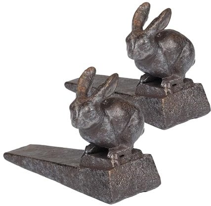 Cast Iron Bunny Door Stop, Set of 2 Decorative Rabbit Door Stopper Wedge, Brown