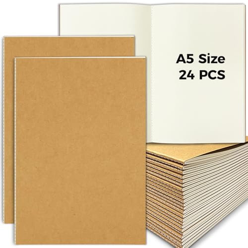 DWIYITTN Notizbuch A5 Blanko, 24 Stück Kraft Cover Notizblock Skizzenbuch Set 30 leere Blatt Notizhefte Unliniert Heft für Kinder Schüler Büro Schule Geschenk - Braun