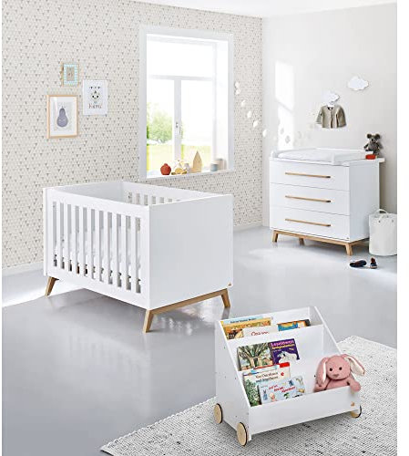 Lomadox Babyzimmer Komplett Set inkl. Matratze in weiß edelmatt mit Bücherregal