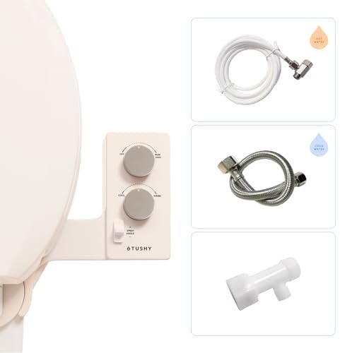 TUSHY Spa Self-Cleaning Warm Water Toilet Bidet Attachment. Adjustable Nozzle, Angle & Pressure Control. Easy DIY Home Install, Requires Sink Access for Optional Warm Water Control. (Biscuit/Platinum)