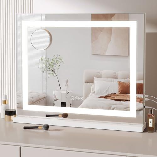 Dripex Hollywood Schminktischspiegel mit Beleuchtung 58 x 46 cm, HD Schminkspiegel für Tisch- oder Wandmontieren, Hollywood Spiegel mit 3 Farblichtmodi, 5 Facher Vergrößerung Spiegel, USB Anschluss