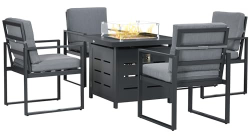 Outsunny 4 Seater Aluminium Garden Furniture Set with Gas Firepit Table, Grey