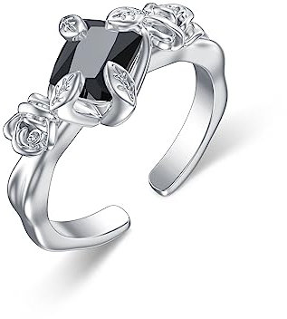 VONALA Rose Damen-Ring aus 925er-Sterlingsilber, offener Ring aus schwarzem Kristall/rosa Opal/Zirkon, verstellbar, sicherer hypoallergener Silberschmuck, Geschenk mit Box für Geburtstag, Jahrestag