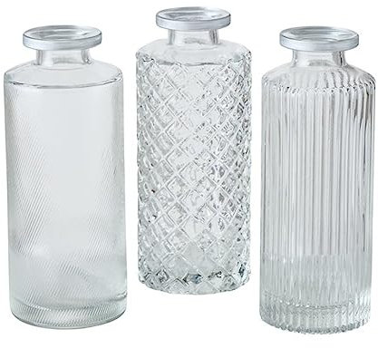 ReWu Vase im 3er Set aus Glas in Flaschenform Tischdekoration mit Relief Veredelung Für Blumen Gräser und Zweige Dekoratives Accessoires- Transparent Silber