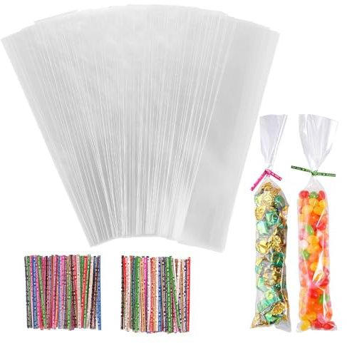 FIHODONE 200 pièces Sachet Plastique Transparent,Sachet Bonbon avec Ruban,Sachets Transparents pour Biscuits,Sachet Cellophane pour Biscuits,Mariage, Bonbons,Pochette Cadeau Noel