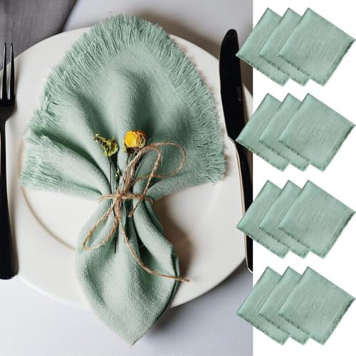 Aiuuee 12 Stück Stoffservietten 45x45cm, Baumwolle Servietten mit Fransen, Waschbar Servietten Stoff Tischservietten für Familienessen Partys Hochzeit Geburtstag und Tischdekoration(Grün)