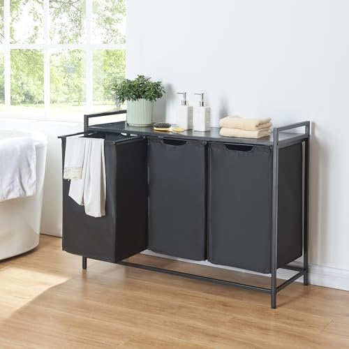 [en.casa] Wäschekorb Saltvik Wäschesammler mit 3 Fächern 45 L Wäschesack Wäschesortierer mit Ablage Wäschetonne Metallgestell Schwarz