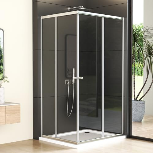 Eckeinstieg Duschkabine 80x100x185 cm Doppel Schiebetür Duschabtrennung | 6mm ESG Sicherheitsglas, Glas Schiebetüren Duschwand Dusche Eckdusche, Duschtür Höhe 185cm, Silber