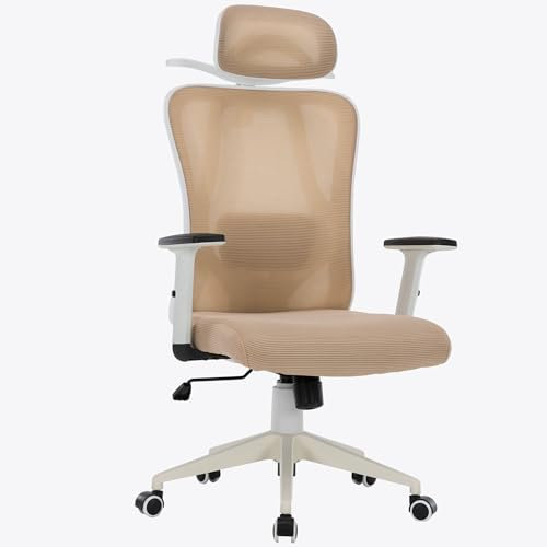 TRISENS Bürostuhl mit platzsparendem Kleiderbügel - ergonomischer Schreibtischstuhl mit Nacken- und Lordosenstütze - komfortabler Gamingstuhl mit Netzrückenlehne und Wippfunktion, Farbe:Weiß/Taupe
