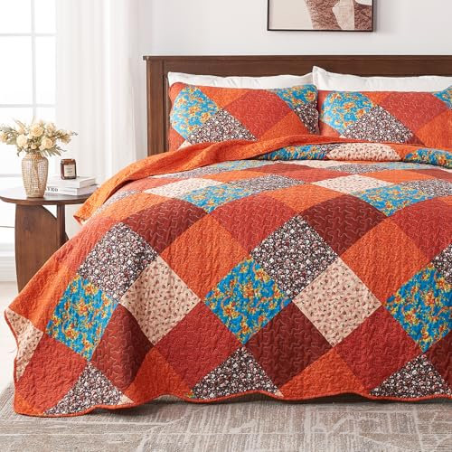 Qucover Queen-Size-Bettwäsche-Set, 3-teilig, mehrfarbig, Patchwork-Druck, orangefarbene Tagesdecken, Queen-Size-Größe, wendbar, leicht, Steppdecke, weiche Mikrofaser, Herbstdecke, alle Jahreszeiten