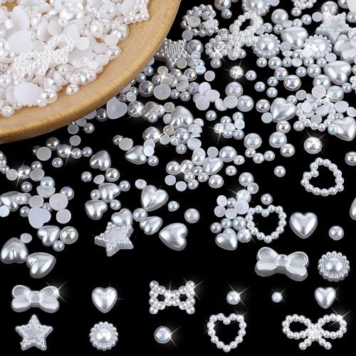 WLLHYF 500 Stück verschiedene 3D-Nagel-Charms, verschiedene Formen, Perlen mit flacher Rückseite, Schleife, Stern, Herz, Blume, gemischt, niedliche Maniküre-Applikation, Hohlperlen, Nageldekoration