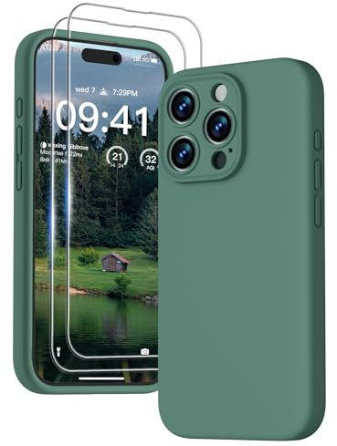 GOODVISH [3 in 1 für iPhone 15 Pro Max Hülle Silikon, mit 2 Schutzfolie [Upgraded Kameraschutz] Soft Mikrofaserfutter Handyhülle Kratzfest stoßfeste Schutz Case für iPhone 15 Pro Max 6.7, Grün