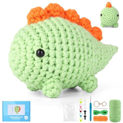 YURROAD Häkelset mit Video Häkel Tiere Set für Kinder Erwachsene Anfänger, Kein Garnspalten Garn und Häkelnadel Komplettes Strick, Crochet Kit Animal, Amigurumi für Beginners - Dinosaurier