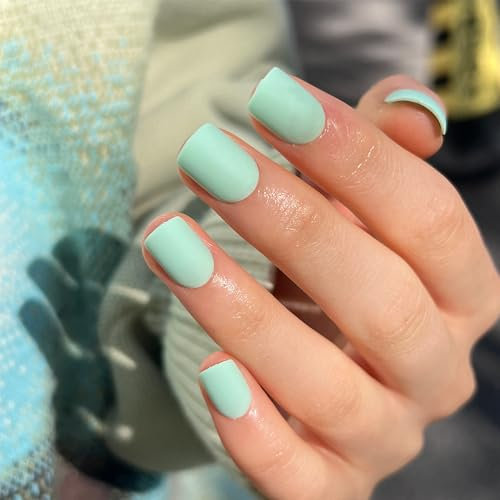 Faux Ongles Court MouyouGlow,Carré Unicolore Vert Menthe Maté Press on Nails avec Colle à Ongles,Mint Green Matt Acryl Fake Nails