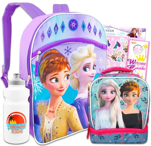 Frozen Backpack and Lunch Box Set for Kids - Bundle with Frozen Backpack, Frozen Lunch Bag, Stickers, Water Bottle, More | Disney Frozen Backpack for Girls 4-6, Multicolor, Frozen Backpack with Lunch