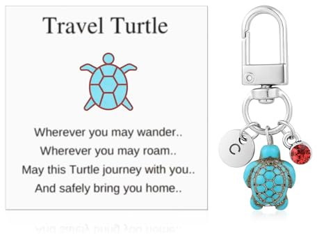 lasuroa Reise Schildkröten Anhänger, Niedlicher Schildkröten Schlüsselanhänger mit Rotem Edelstein und Ermutigungskarte Kreative Namensinitialen Meeresschildkröten-Anhänger für Familienfreunde (C)