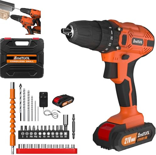 Cordless Drill Set, 21V Max Electric Power Drill Driver with Battery, Charger & LED, 3/8” Chuck, 25+1 Torque, 2 Speed - 29pc Accessory Kit for Home DIY