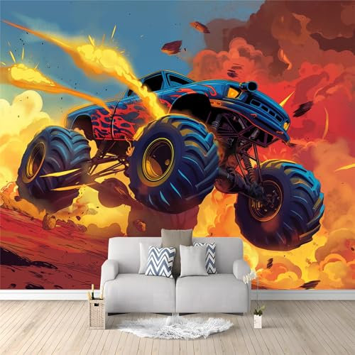 Photo Wallpaper - 300 x 210 cm Cartoon Style Giant Truck Non-Woven Premium Fleece Wall Mural - Comic Book Style Art Print Bedroom Living Room Decoration Poster