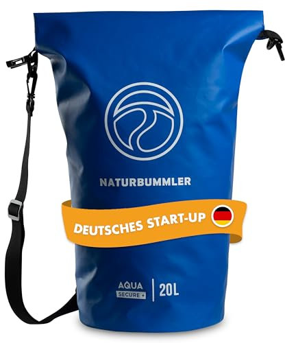 NATURBUMMLER® Dry Bag 20L [Aqua Secure+] 100 % wasserdichte Tasche mit Schultergurt & Rucksackfunktion – wasserfester Packsack für SUP, Angeln, Camping & Outdoor – Drybag Beutel (Marineblau)