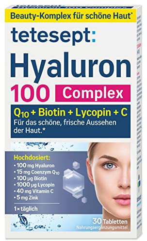 tetesept Hyaluron 100 Complex – Nahrungsergänzungsmittel mit Q10 + Biotin + Lycopin + Vitamin C - für das schöne, frische Aussehen der Haut* – 1 x 30 Tabletten (Packung mit 3)