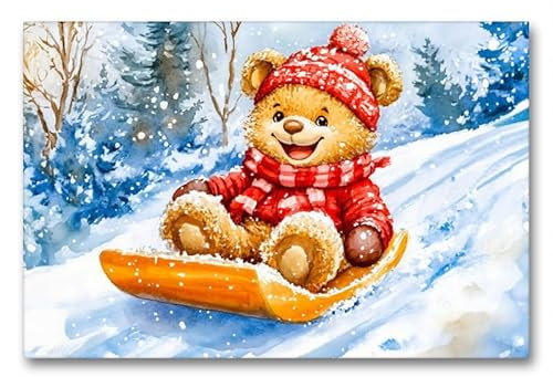 CALVENDO Premium Textil-Leinwand 90 x 60 cm Querformat Teddy rodelt mit Schlitten im Winter | Wandbild, HD-Bild auf Keilrahmen, Wanddekoration, Kunstdruck von Anja Frost