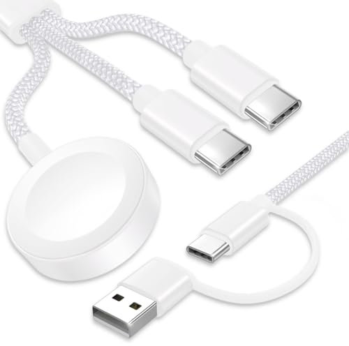 TOP-UP 3 in 2 Ladekabel für Apple Watch & iPhone | 120cm USB-C Schnellladekabel | Geflochtenes Nylon | Dual USB-C & Magnetisches Dock | Kompatibel mit iWatch SE/10–1, iPhone 16/15, Galaxy | Weiß