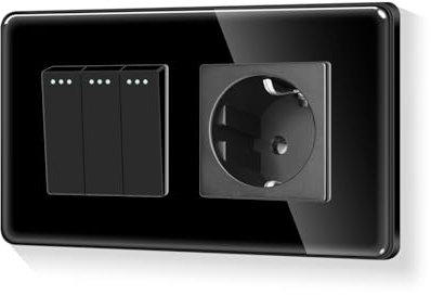 LIAONFOY Runde Schuko 3 Fach 1 Weg Unterputz Lichtschalter Glas panel Tasten Schalter Ein Aus Schalter mit Einzelsteckdose Schwarz 110-250V 157mm