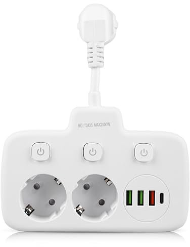 SPORWAY Steckdosenleiste 2-Fach: Steckdose Erweiterungen 2 Steckdosen mit 3 USB & 1 USB-C Ports Steckerleiste Steckdosenadapter, 2-Fach Steckdosenleiste Steckdose für Büro Hause - 10A/2500W