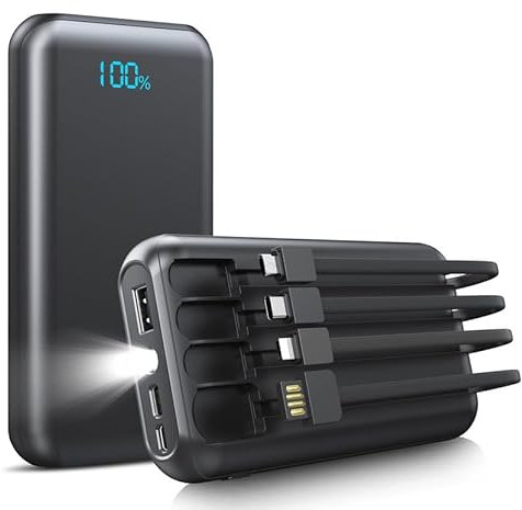 Power Bank 40000mAh mit 4 Kabeln,Powerbank mit LED-Anzeige und Taschenlampe,Schnelles Aufladen QC 22,5W und USB C PD20W,Tragbare Powerbank 3 Eingänge und 3 Ausgänge für Tablets Outdoor Handy (Black)