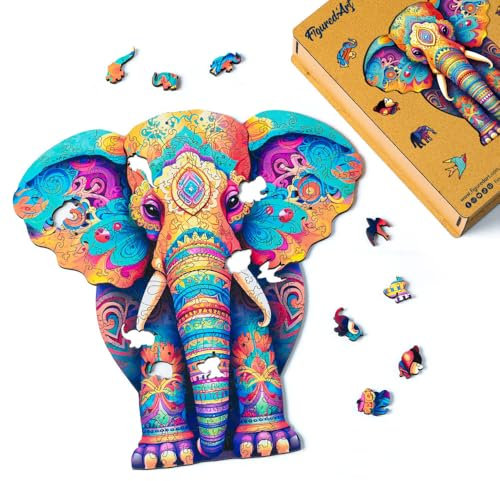 Figured'Art Holzpuzzle Erwachsene und Kinder 200 Teile Tiere - Majestätischer Elefant - Originelles Design 28,5x29 cm Einzigartige Form mit Premium-Holzkiste