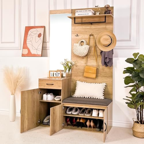 HAUSPROFI Garderobe Set, Schuhschrank mit Spiegel,4 Stück Flur Möbel Kompaktgarderobe, Schlafzimmer Garderobenset, Garderobenständer Garderobenset mit sitzbank(Unabhängige Patente Verfügbar