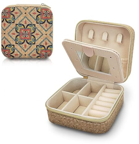 MultiValue Portagioie da Viaggio, Pelle Vintage Quadrato Cofanetto Portagioie con Specchio Portatile Mini Porta Gioielli per Orecchini Collane Bracciali Anelli（B）