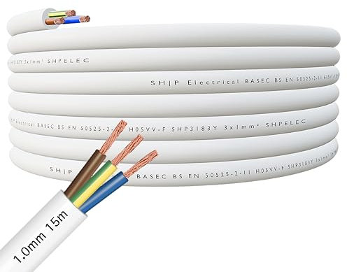 SHPELEC® Cavo flessibile bianco 3183Y da 0,75 mm, 1,0 mm, 1,5 mm, 2,5 mm, approvato BASEC, in PVC nero, illuminazione a LED, 5 m, 10 m, 15 m, 20 m, 50 m (1,0 mm, 3 nuclei - 15 metri)