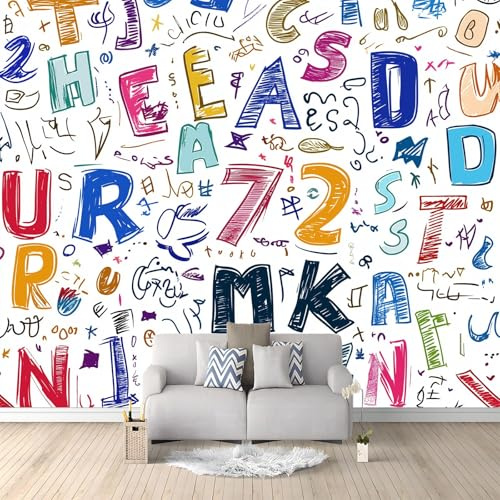 Fototapete Panorama - Tapete 200 x 140 cm Handgezeichnetes Gekritzel Buchstaben Mix Seidenmaterial Wandbilder, mehrfarbig Große Wandposter für Wohnzimmer, Erwachsene, Kinderzimmer, Studie Dekoration
