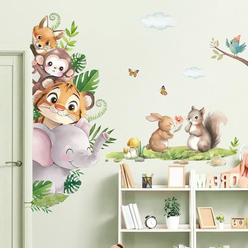 fufuquare Karikatur Märchen Waldtier Wandtattoo mit Affe Tiger Schmetterling, Abnehmbare Selbstklebende Wandaufkleber für Baby Kinderzimmer Schlafzimmer, Kindergarten