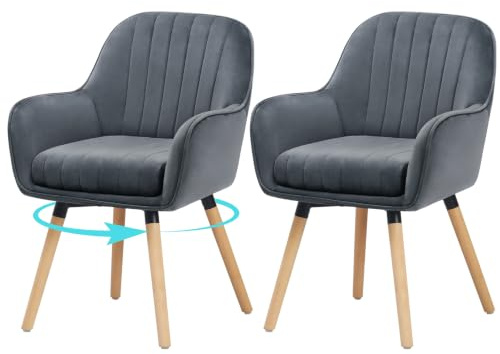 ELUCHANG Esszimmerstühle 2er Set, 360° Drehbar, 12cm Dicke Polsterung Stuhl mit Hohen Armlehnen, Grau Samt, bis 150 kg Belastbar, für Schlafzimmer Küche Wohnzimmer