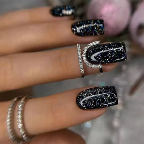Xonojun 24 unghie finte corte quadrate nere corte corte quadrate nere spremere chiodo nero stellato per sera, kit unghie finte donna ragazza idea regalo Halloween Natale matrimonio