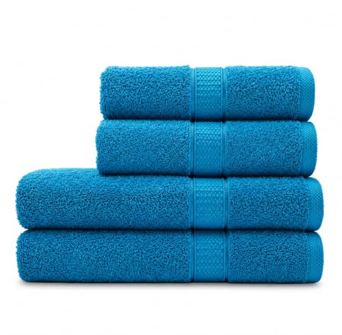 Harmatex 4 teiliges Premium Badetuchset - 100% Baumwolle 550 g/m2, Saugstark & Weich, fusselarm, Logostick (2X 70X140cm und 2X 50X100cm) 2 Aufhänger, Ideal für Bad, Sauna & Hotel (Türkis)