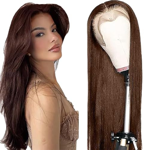 Shoaiye 13x4 Lace Front Echthaar Perücke Damen Straight Human Hair Wig Wear and Go Glueless Pre Plucked Remy 150% Density Natural Hairline #4 Chocolate Brown Color for Woman 30 Inch