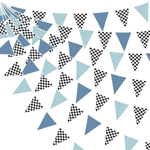 32Ft Dusty Blue Black White Checkered Race Car Fabric Bunting Banner Racing Car Party Decorations Triangle Flag Pennant Garland Streamer for Boy Birthday Racetrack Baby Shower Race Theme Party