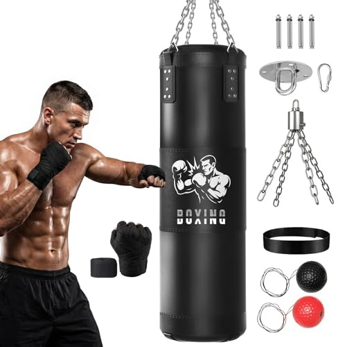 Sac de Frappe Adultes Ninonly 120CM Lourd Sac de Boxe avec Sac de Boxe Suspendu Non Rembourré,Ballon de réaction,Bandages pour Kickboxing MMA Muay Thai Karate Taekwondo(Non Rempli)