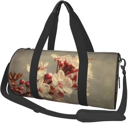 Runde Seesack im Vintage-Stil mit Kirschblüten-Druck, Segeltuch, für Übernachtung, wasserdicht und reißfest. Faltbare Wochenend-Reisetasche