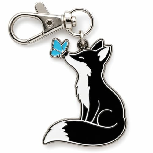 HOLZBRÜDER Schlüsselanhänger Fuchs mit Schmetterling aus Emaille, Anhänger mit Karabiner für Schlüsselbund, Rucksack und Tasche, Geschenk für Naturfreunde
