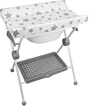 PLASTIMYR Bañera Cambiador Bebe Plegable LEA - Cambiador con Bandeja Organizadora y Patas Antideslizantes – Bañera Plegable Bebé Viaje Seguro y Compacto - Estrellas Gris