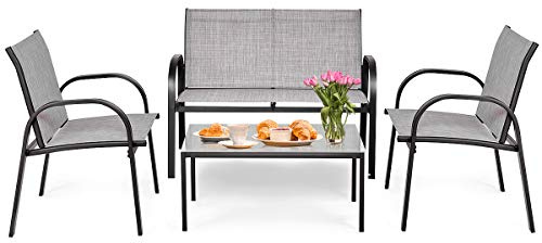 COSTWAY Conjunto Jardin Exterior de 4 Piezas, Tela Textilene, 2 Sillones,1 Banco de 2 Plazas y 1 Mesa de Centro de Hierro, Muebles Jardin Exterior Terraza Balcon (Gris)
