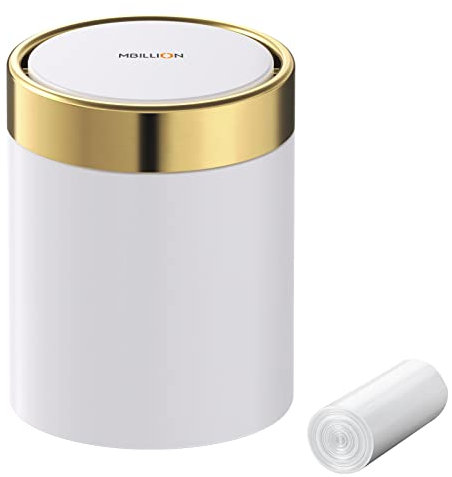 Mbillion Mini-Mülleimer mit Deckel, niedlicher Tisch-Mülleimer aus Metall, Edelstahl, 1,5 l, Abfalleimer für Büro Schlafzimmer Schwingdeckel offen weiß